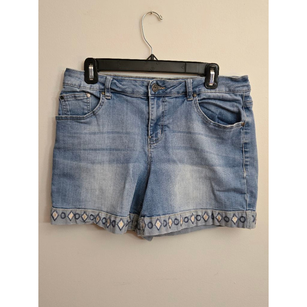 Earl Embroidered Cuffed Denim Shorts, Size 12, Light Blue